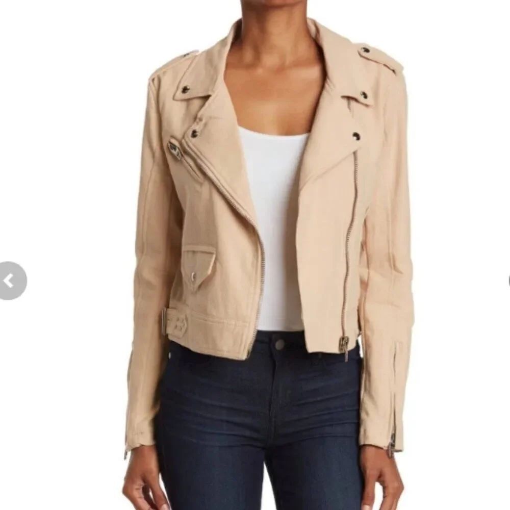 Like New! Blank NYC Textured Cotton Full Zip Tan Crepe Moto Jacket Size S